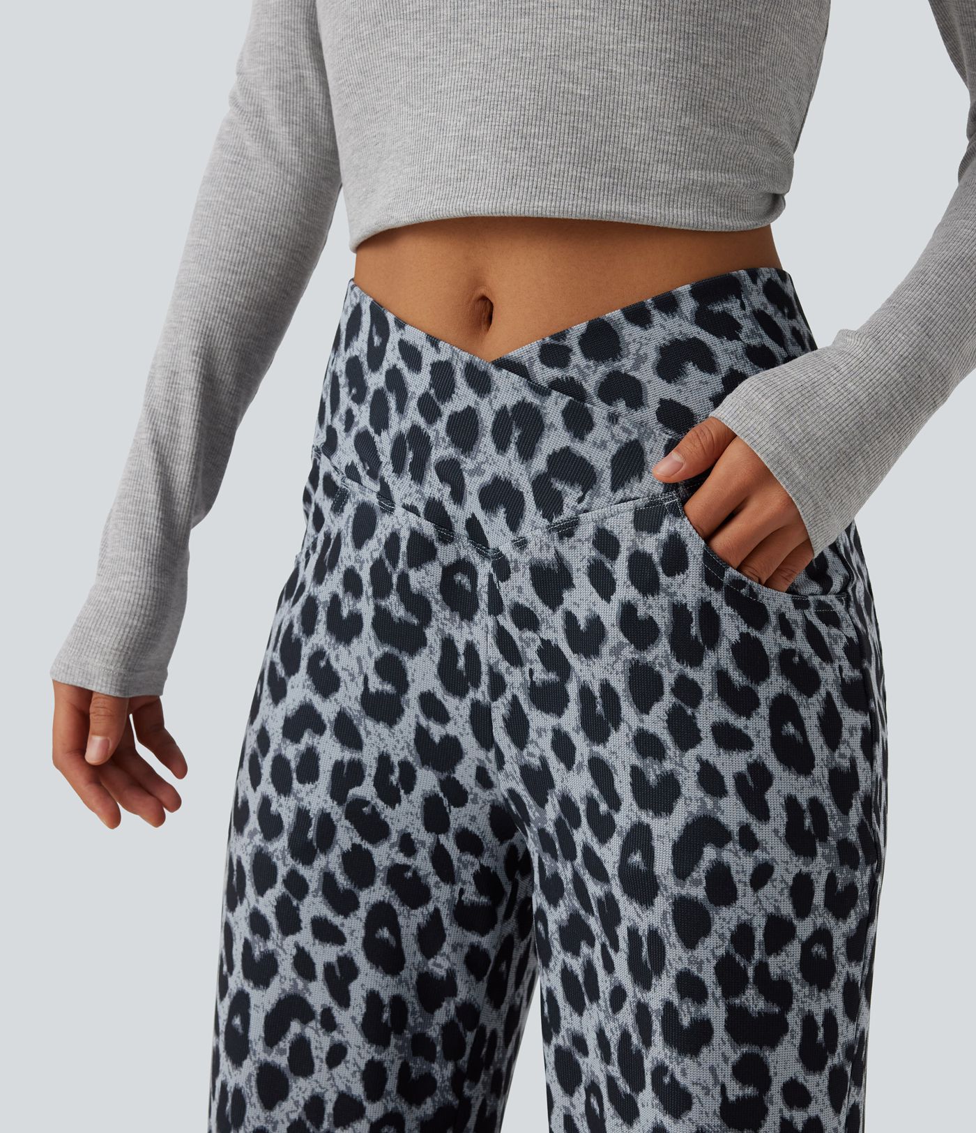 High Waisted Crossover Wide Leg Leopard Print Waffle Casual Trousers with Pockets