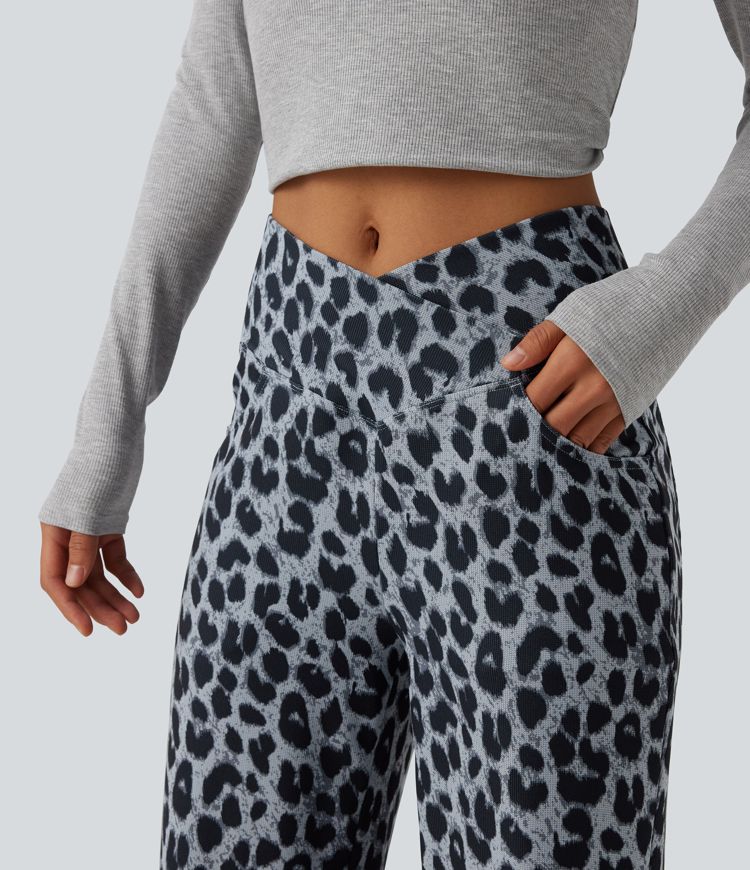 High Waisted Crossover Wide Leg Leopard Print Waffle Casual Trousers with Pockets