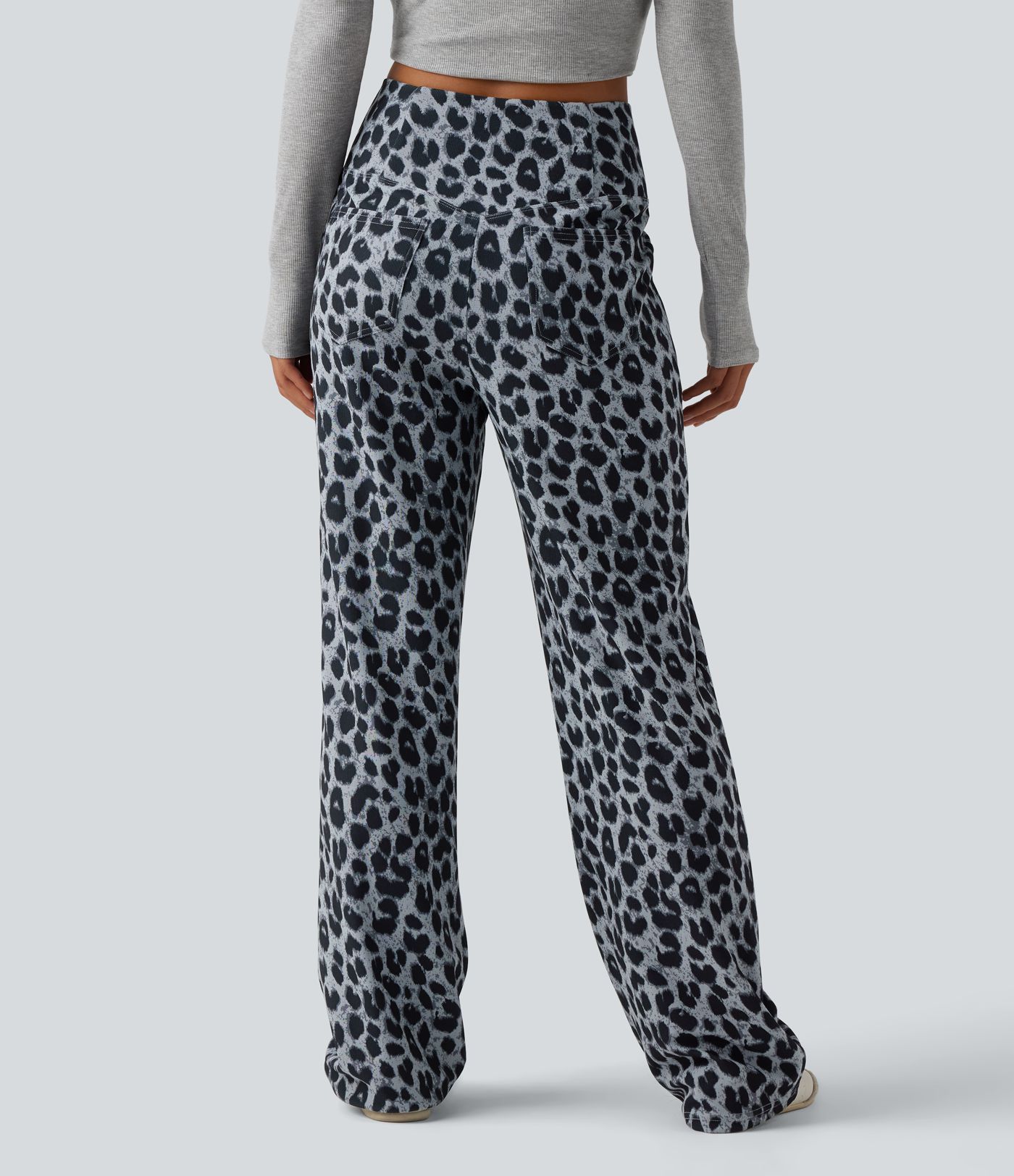 High Waisted Crossover Wide Leg Leopard Print Waffle Casual Trousers with Pockets