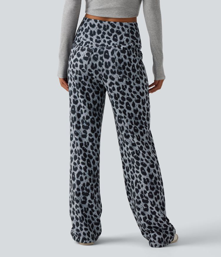 High Waisted Crossover Wide Leg Leopard Print Waffle Casual Trousers with Pockets