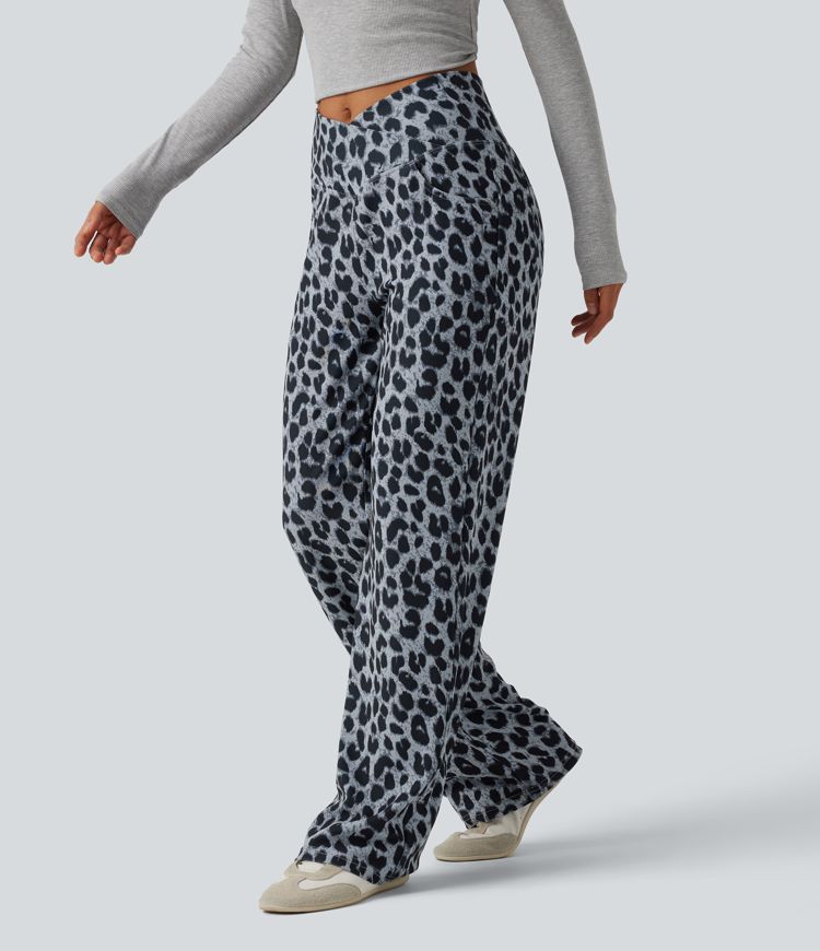 High Waisted Crossover Wide Leg Leopard Print Waffle Casual Trousers with Pockets