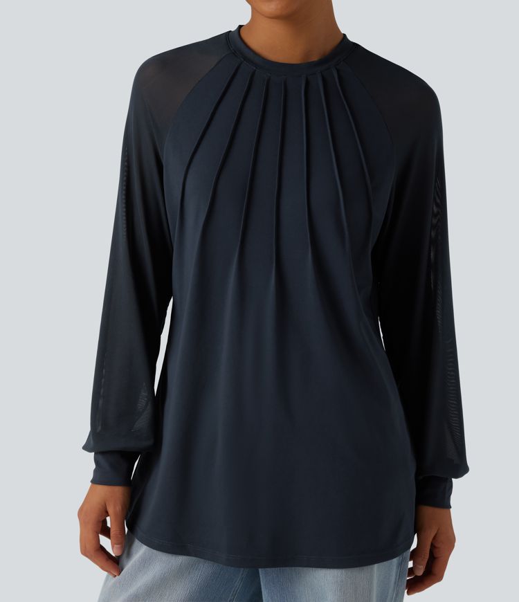 Round Neck Raglan Long Sleeve Contrast Mesh Casual Blouse