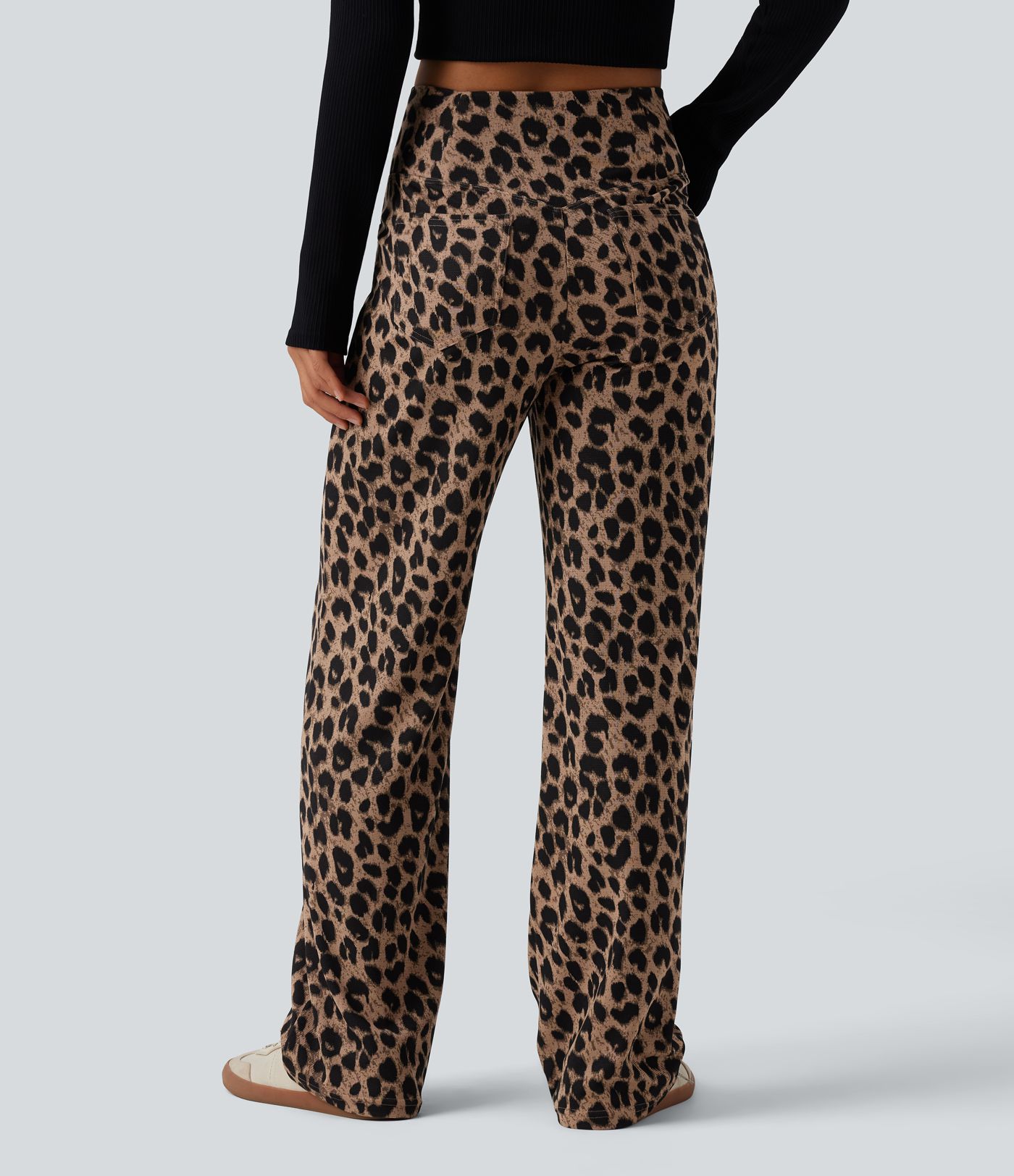 Pantalon large décontracté taille haute croisé imprimé léopard en tissu gaufré avec poches