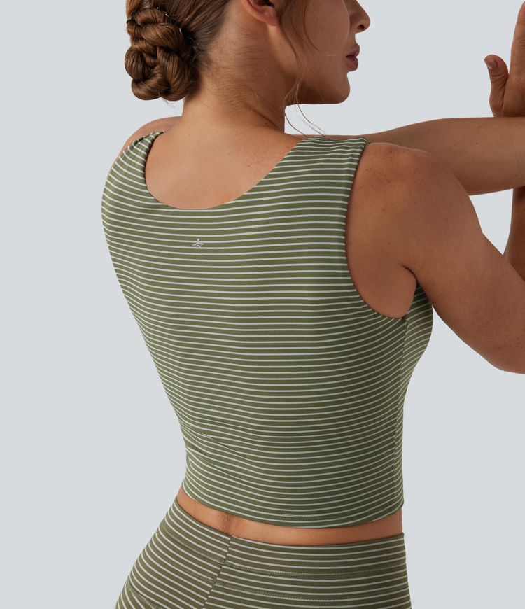 Square Neck Stripe Cropped Workout Tank Top