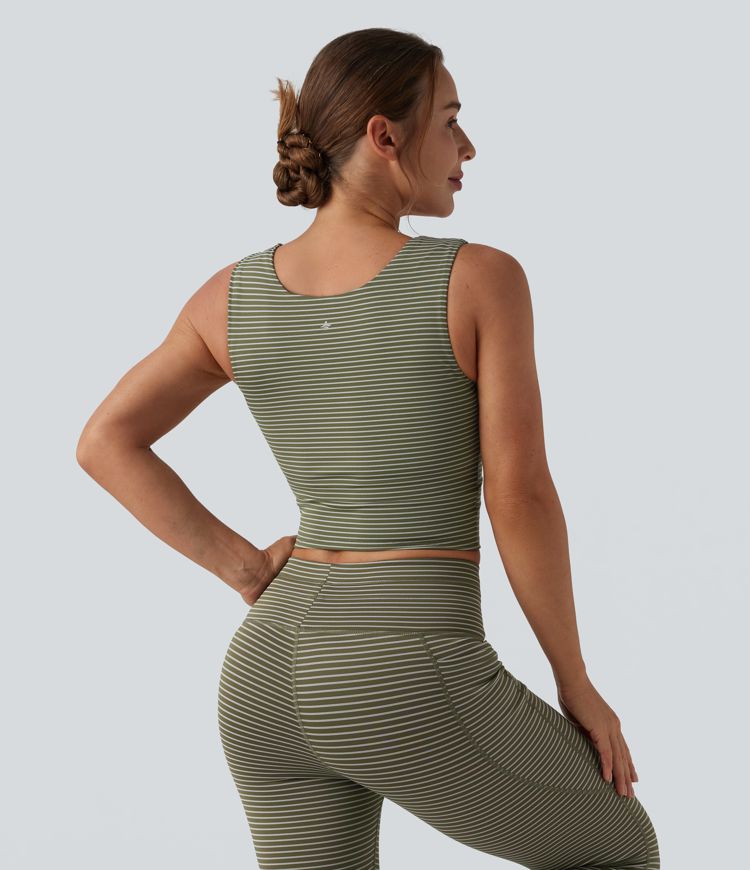 Square Neck Stripe Cropped Workout Tank Top