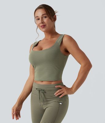Square Neck Stripe Cropped Workout Tank Top
