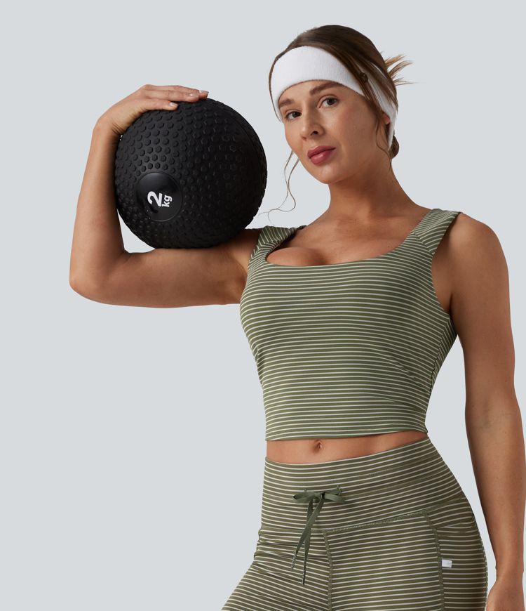 Square Neck Stripe Cropped Workout Tank Top