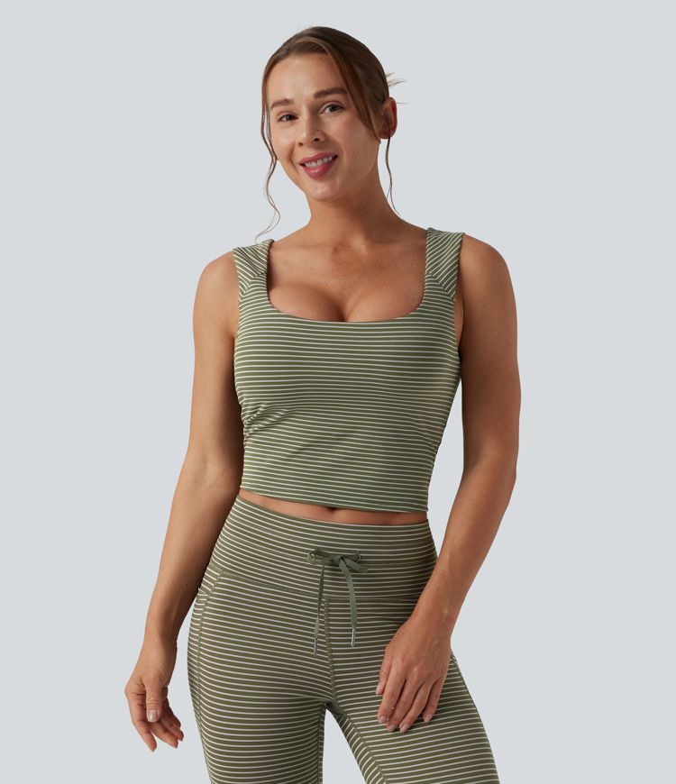 Square Neck Stripe Cropped Workout Tank Top