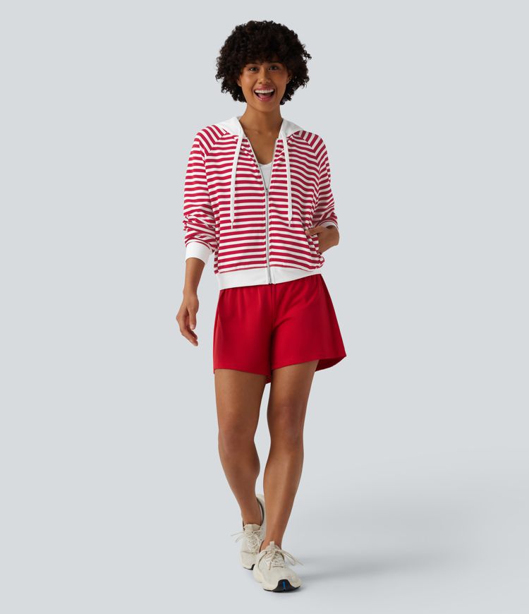 Hooded Stripes Waffle Yoga Jacket with Pockets