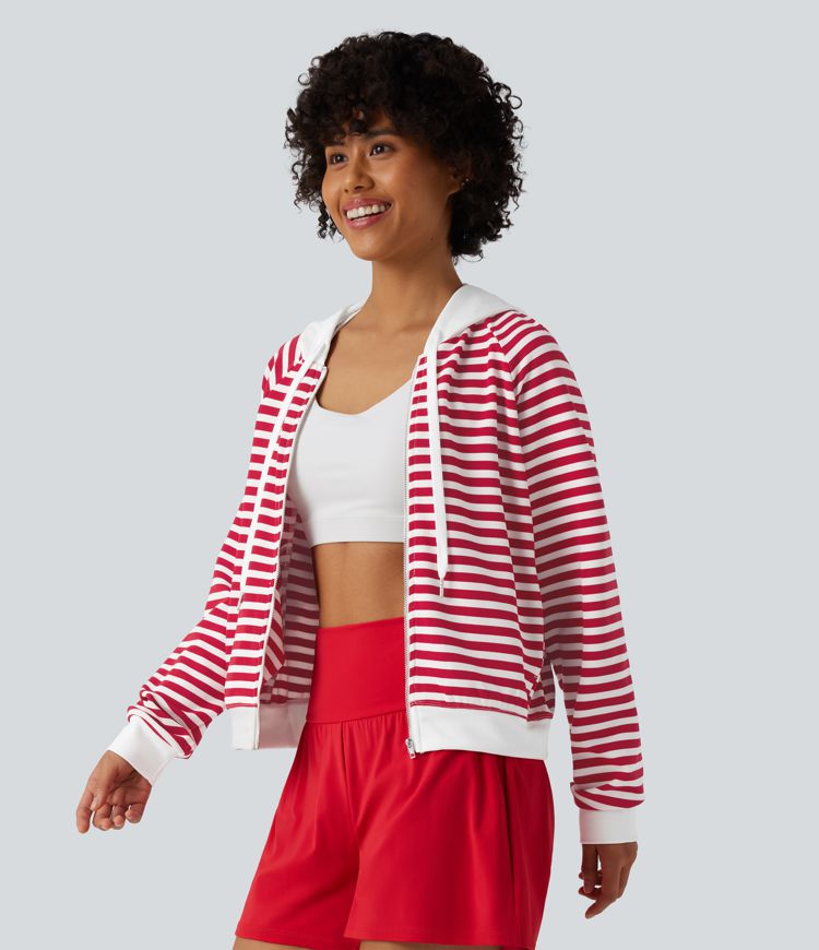Hooded Stripes Waffle Yoga Jacket with Pockets