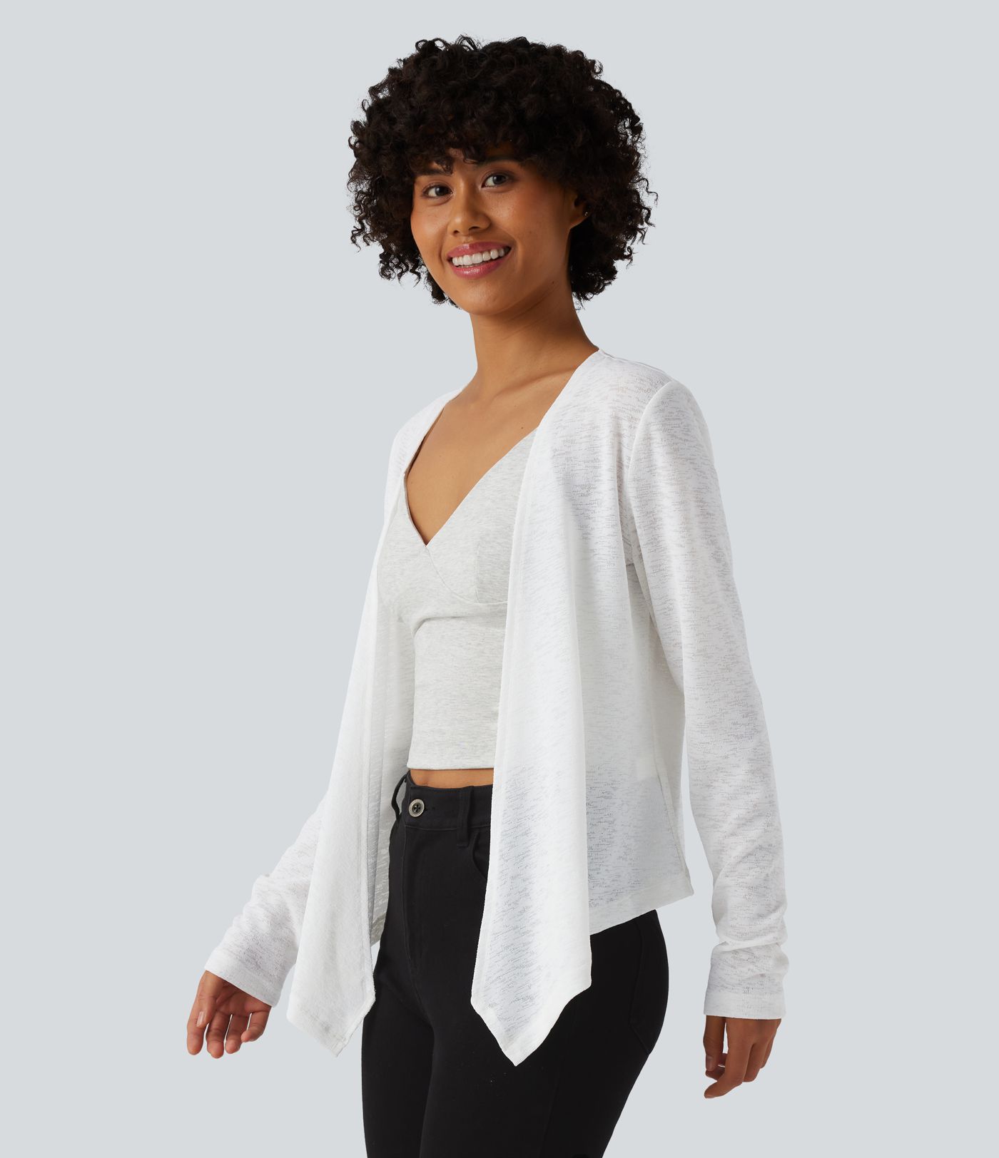Semi Sheer Long Sleeve Casual Open Front Top