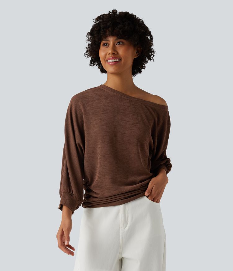 Semi Sheer One-shoulder 3/4 Sleeve Ruched Casual T-Shirt