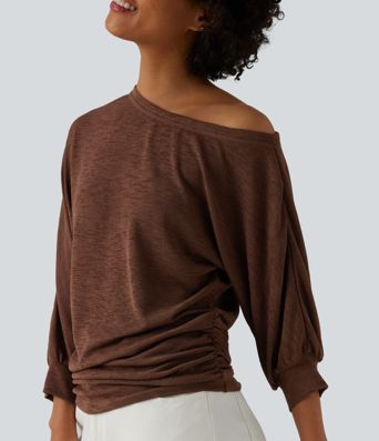 Semi Sheer One-shoulder 3/4 Sleeve Ruched Casual T-Shirt