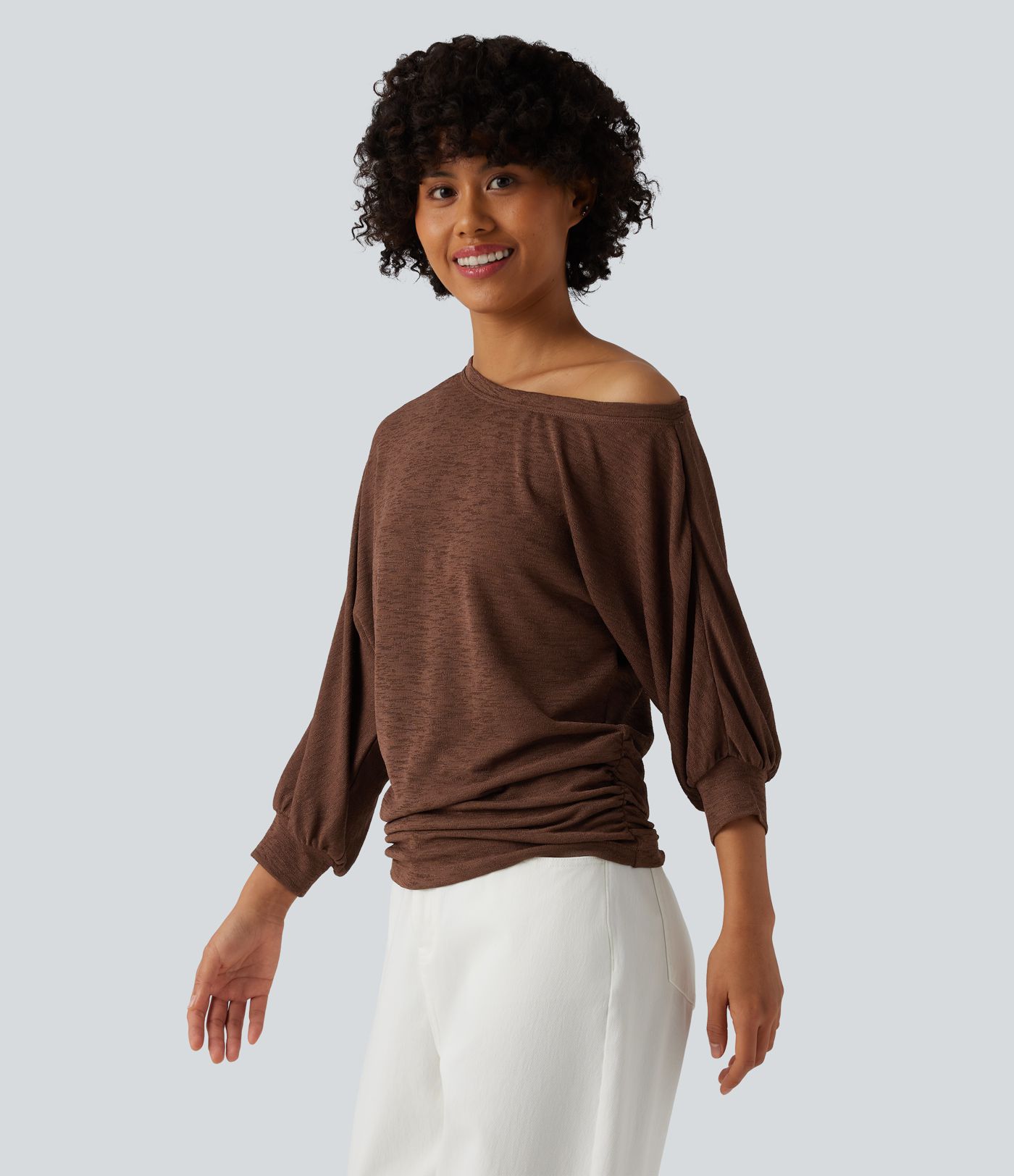 Semi Sheer One-shoulder 3/4 Sleeve Ruched Casual T-Shirt
