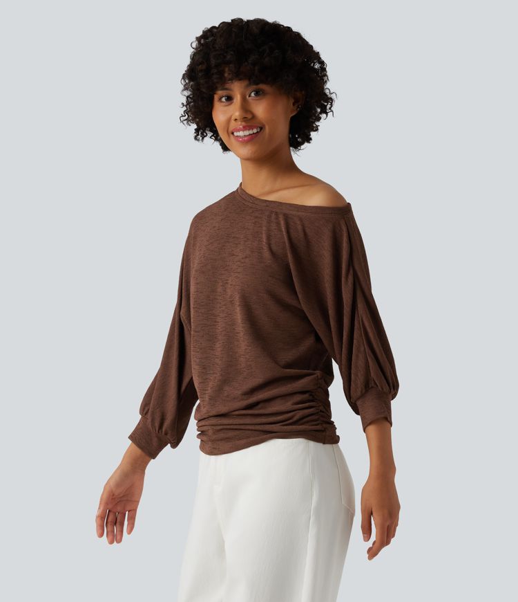 Semi Sheer One-shoulder 3/4 Sleeve Ruched Casual T-Shirt