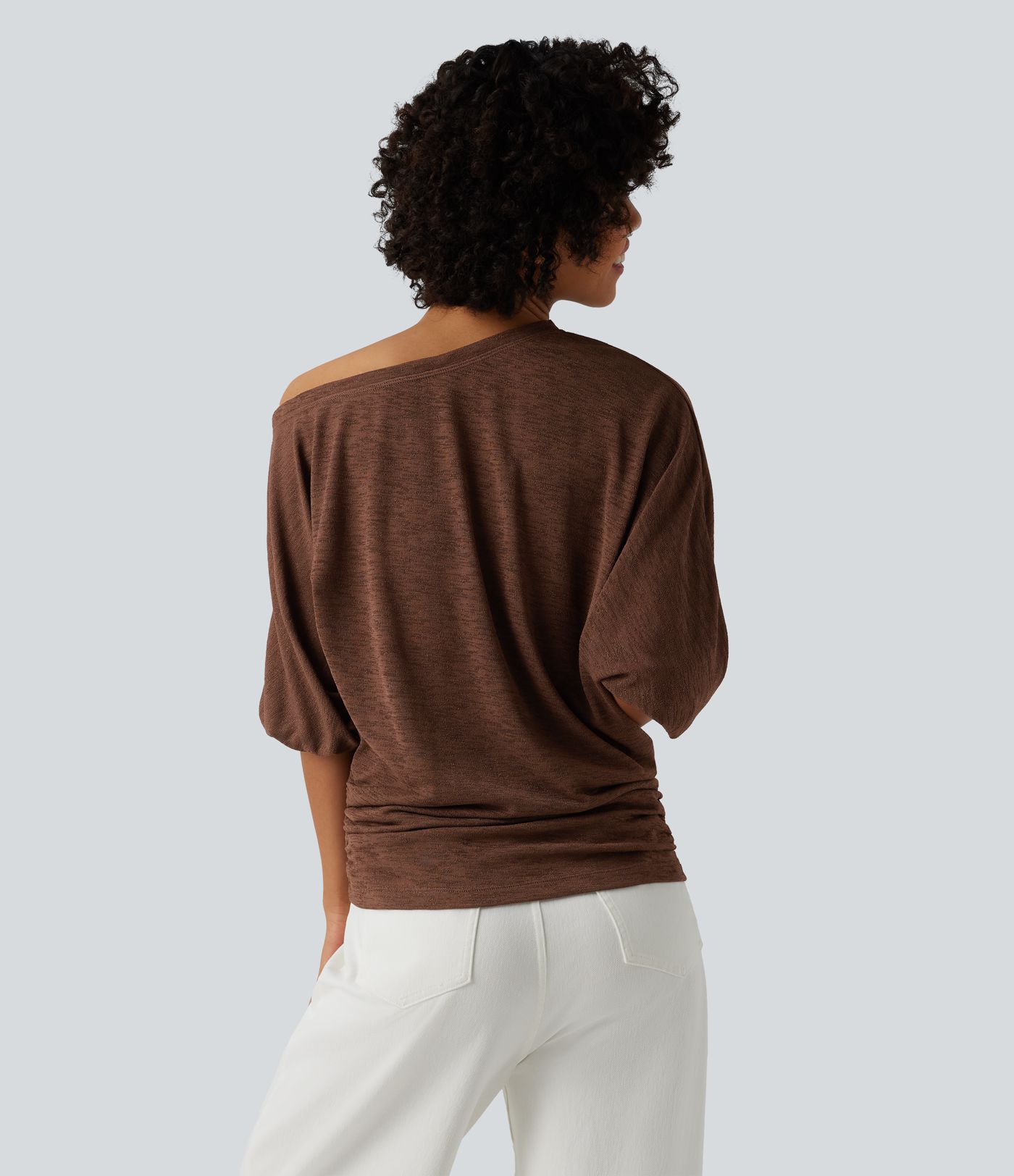 Semi Sheer One-shoulder 3/4 Sleeve Ruched Casual T-Shirt