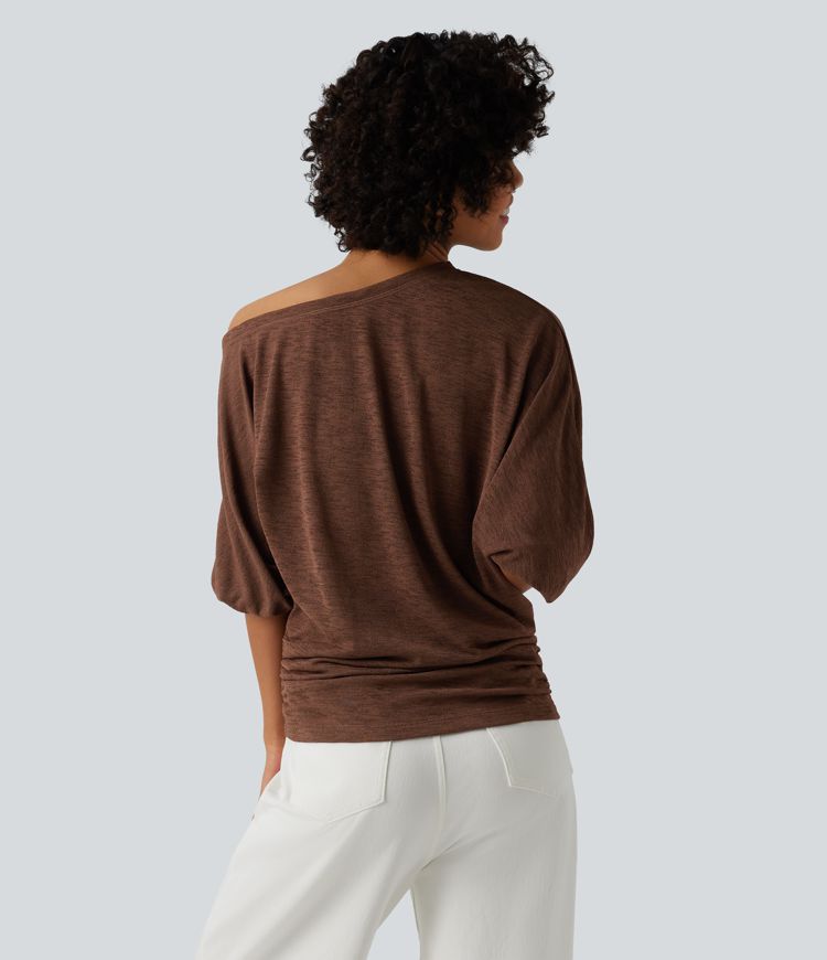 Semi Sheer One-shoulder 3/4 Sleeve Ruched Casual T-Shirt