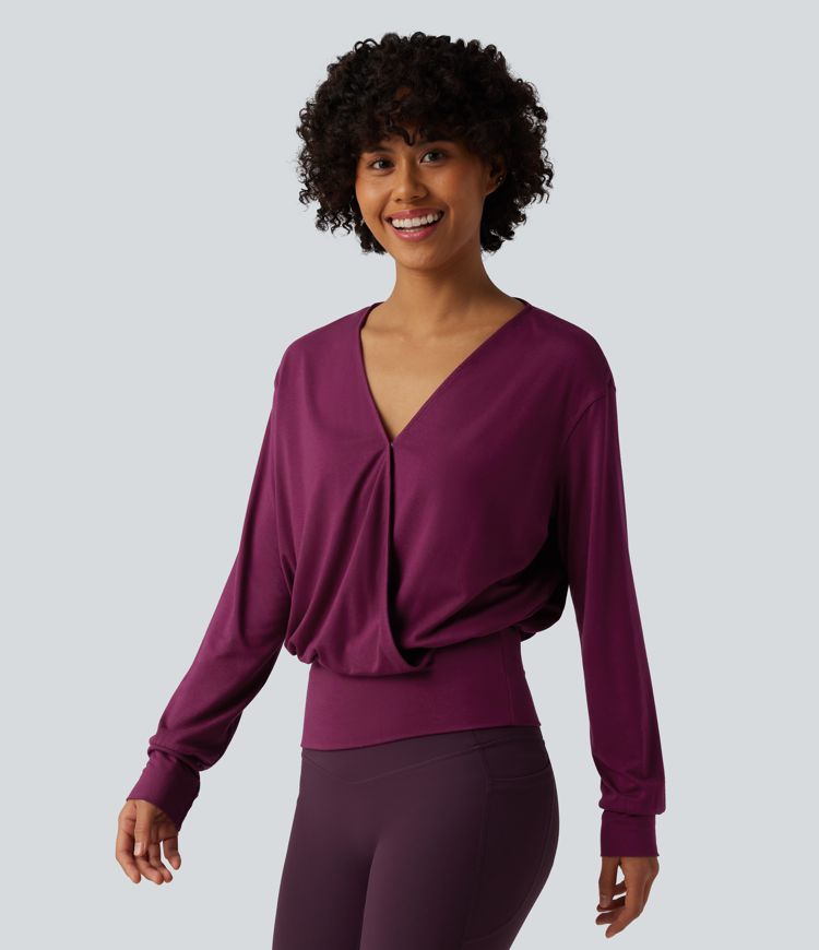V Neck Crossover Long Sleeve Work Blouse