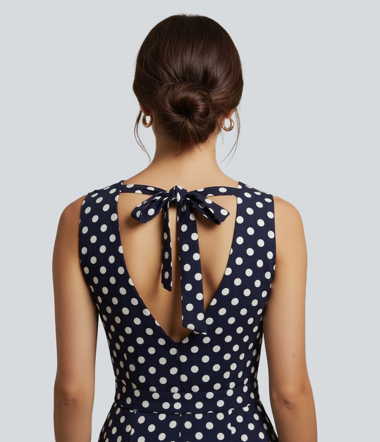V-neck Sleeveless Tie Back Polka Dot Midi Casual Dress