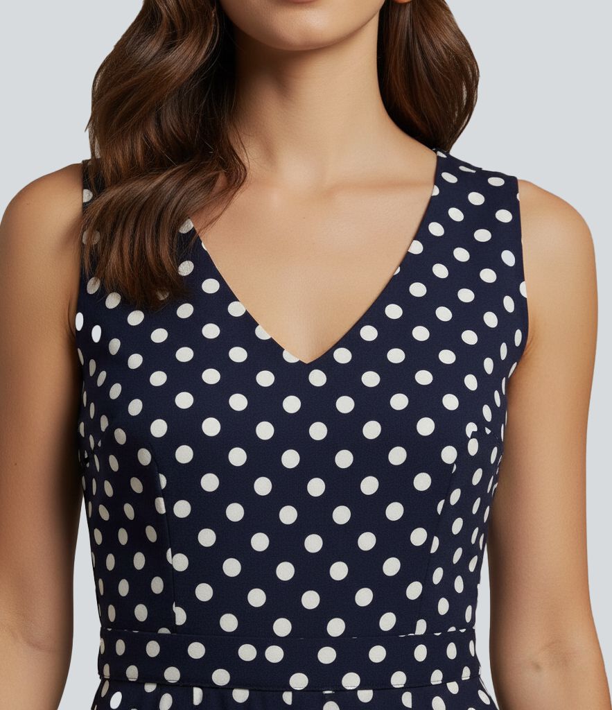V-neck Sleeveless Tie Back Polka Dot Midi Casual Dress