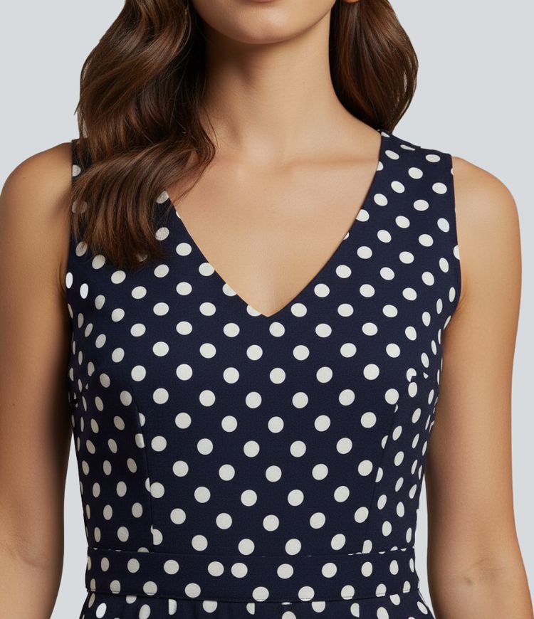 V-neck Sleeveless Tie Back Polka Dot Midi Casual Dress