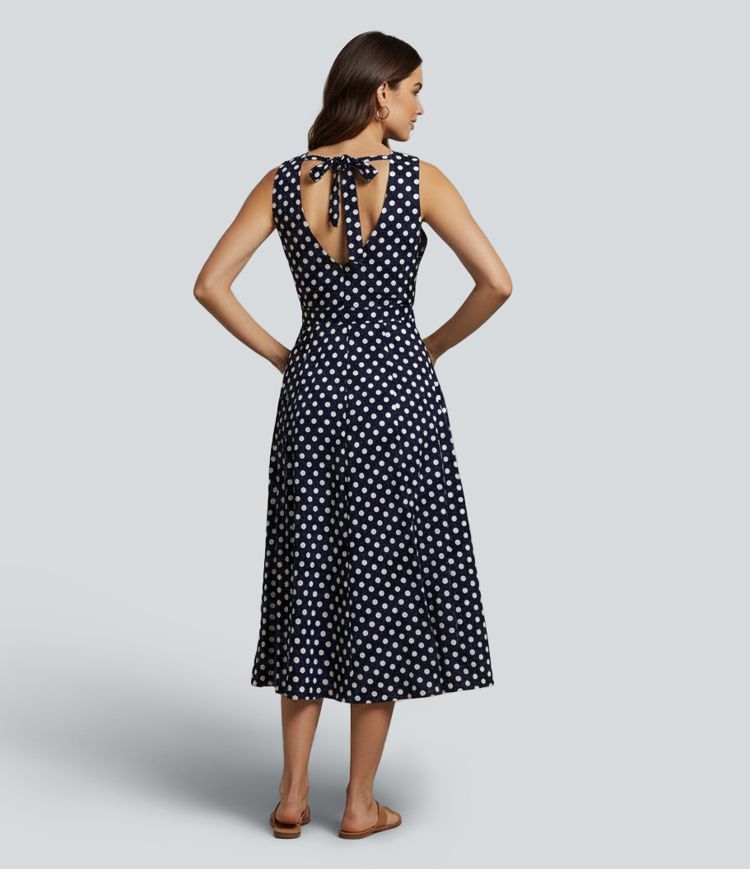 V-neck Sleeveless Tie Back Polka Dot Midi Casual Dress