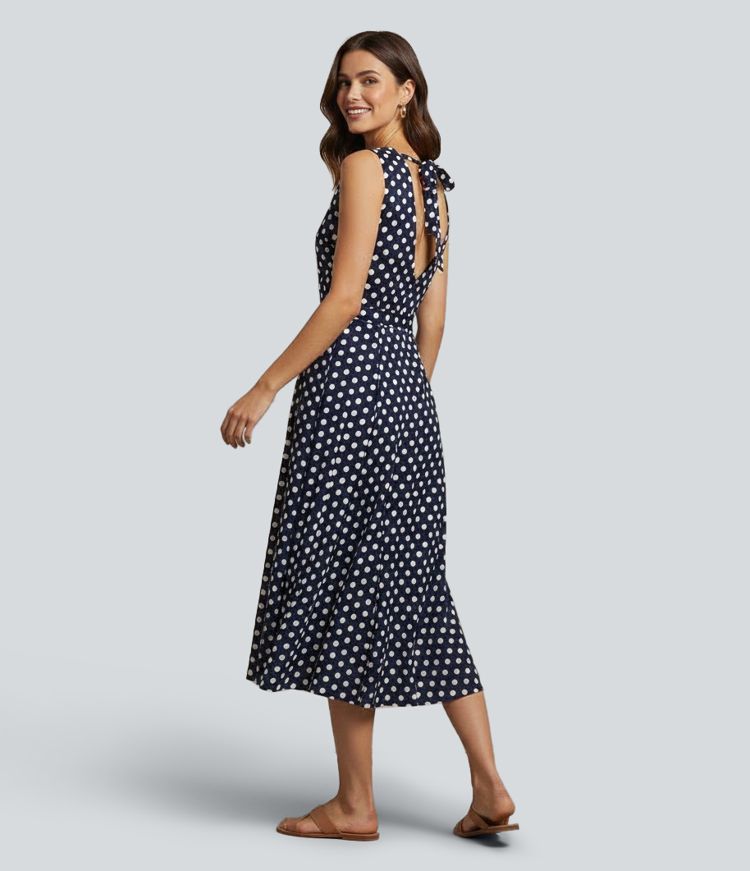 V-neck Sleeveless Tie Back Polka Dot Midi Casual Dress