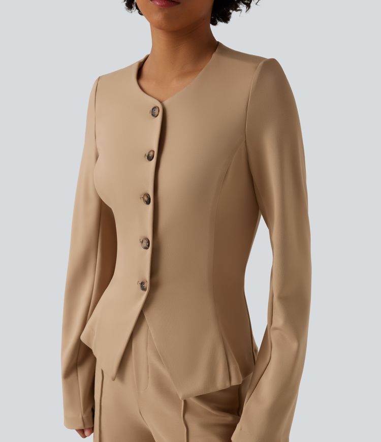 SculptKnit Round Neck Long Sleeve Slim Work Blazer