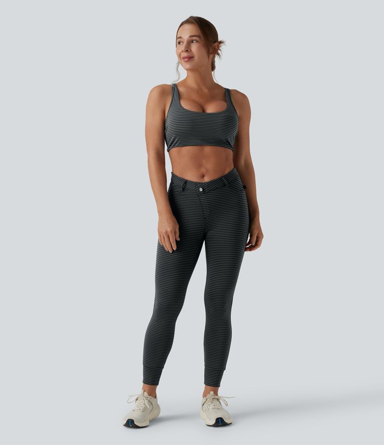 Asymmetric High Waisted Stripes Workout 7/8 Leggings with Pockets