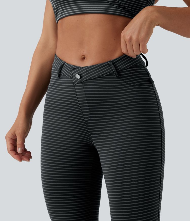 Asymmetric High Waisted Stripes Workout 7/8 Leggings with Pockets