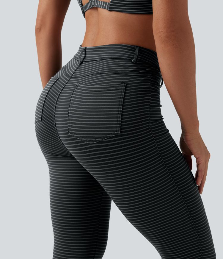 Asymmetric High Waisted Stripes Workout 7/8 Leggings with Pockets