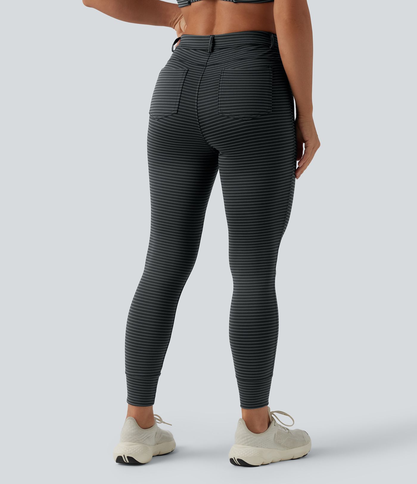 Asymmetric High Waisted Stripes Workout 7/8 Leggings with Pockets