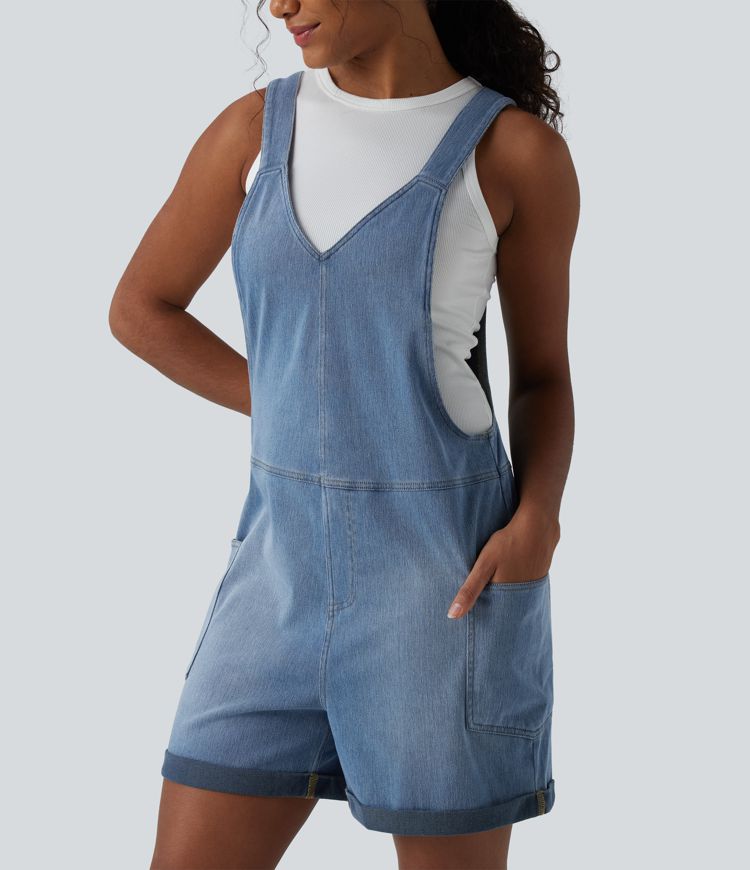 Halara Flex™ V Neck Rolled Hem Washed Denim Casual Short Overalls with Pockets