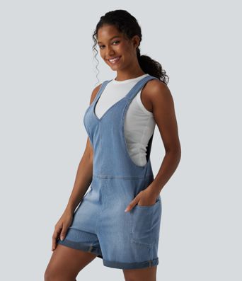 Halara Flex™ V Neck Rolled Hem Washed Denim Casual Short Overalls with Pockets
