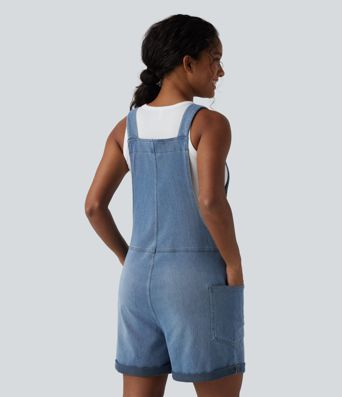 Halara Flex™ V Neck Rolled Hem Washed Denim Casual Short Overalls with Pockets