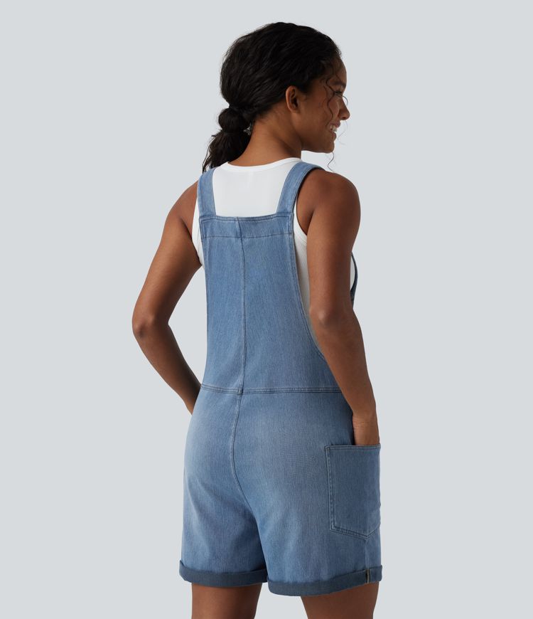 Halara Flex™ V Neck Rolled Hem Washed Denim Casual Short Overalls with Pockets