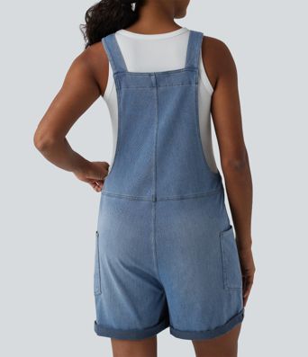 Halara Flex™ V Neck Rolled Hem Washed Denim Casual Short Overalls with Pockets