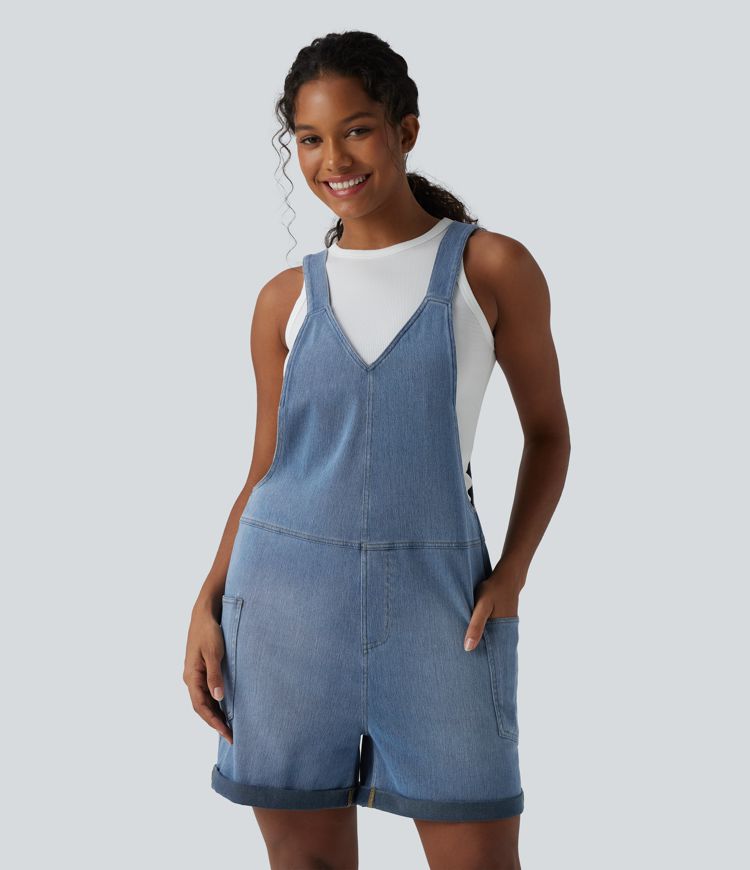 Halara Flex™ V Neck Rolled Hem Washed Denim Casual Short Overalls with Pockets