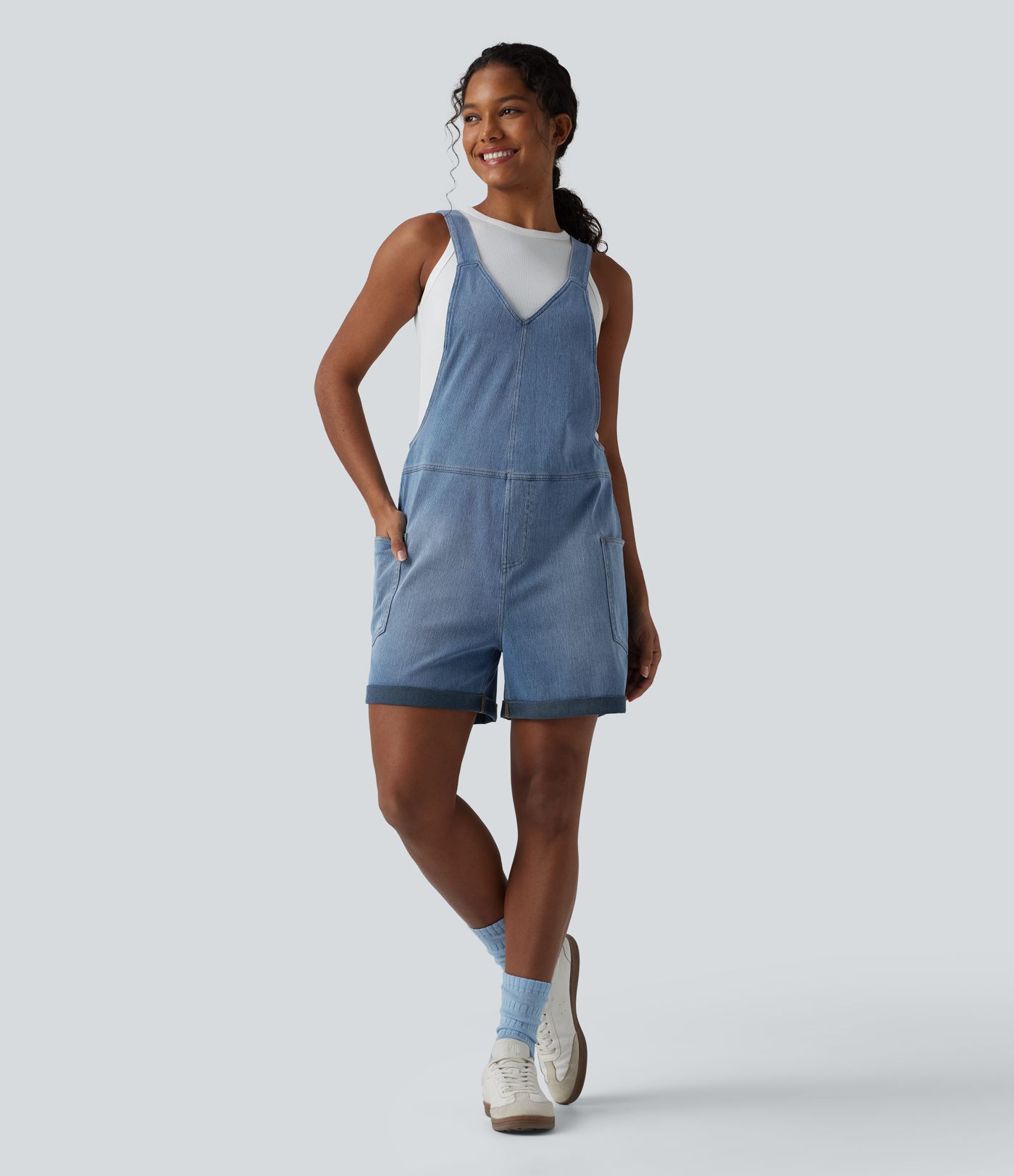 Halara Flex™ V Neck Rolled Hem Washed Denim Casual Short Overalls with Pockets