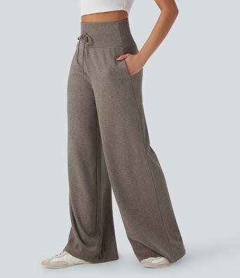 Pantalones de punto acanalado, talle alto, control de abdomen, con cordón, estilo casual, de pierna ancha y holgados con bolsillos