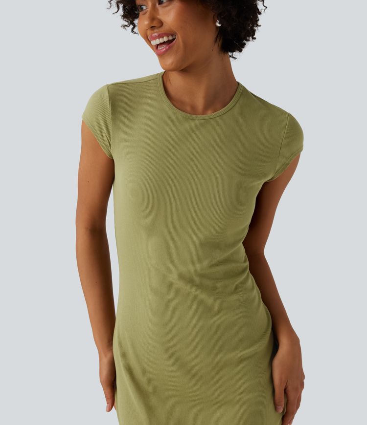 Ribbed Knit Round Neck Cap Sleeve Bodycon Midi Casual Dress