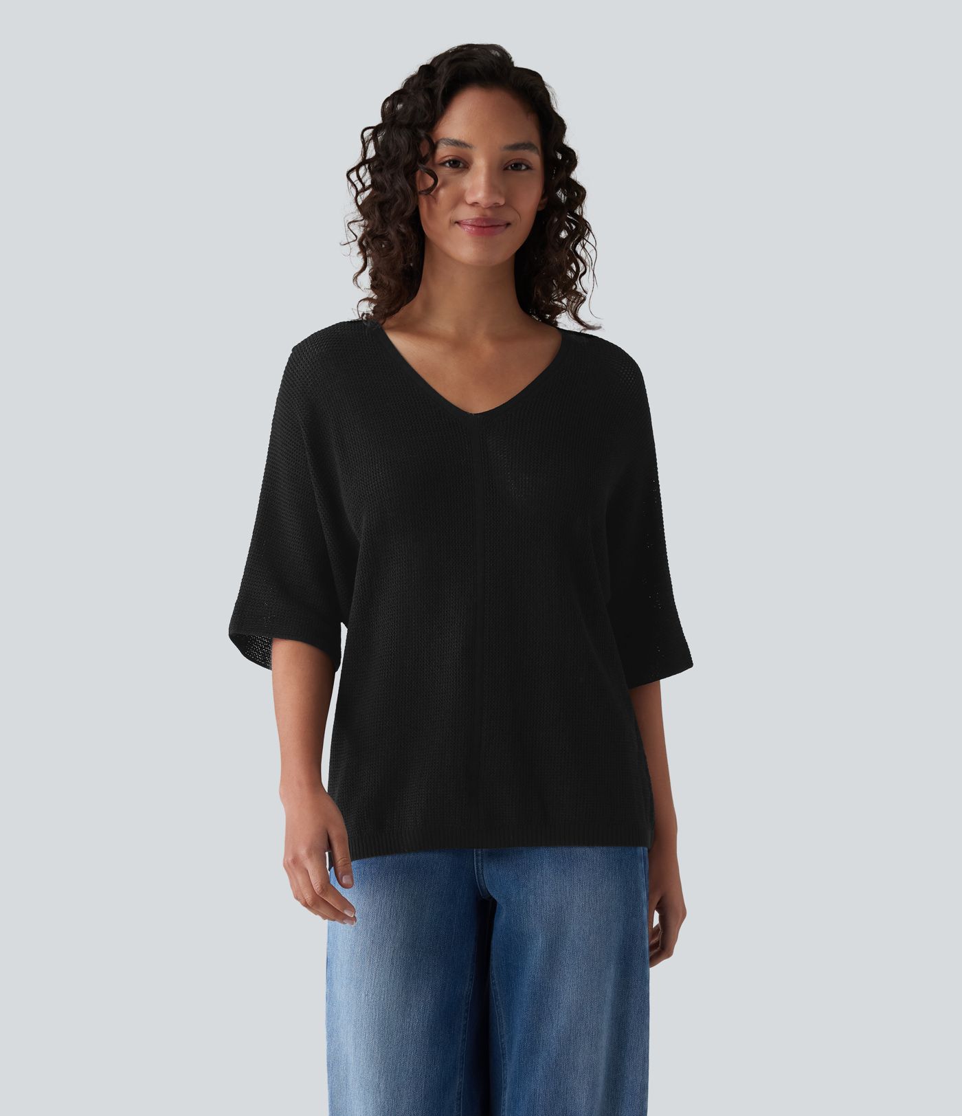 Pull décontracté col V à manches mi-longues