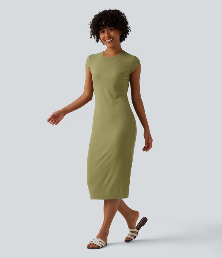 Ribbed Knit Round Neck Cap Sleeve Bodycon Midi Casual Dress