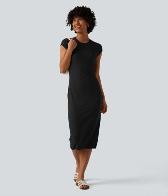 Robe midi moulante en maille imprimée, col rond et manches casquette, style décontracté