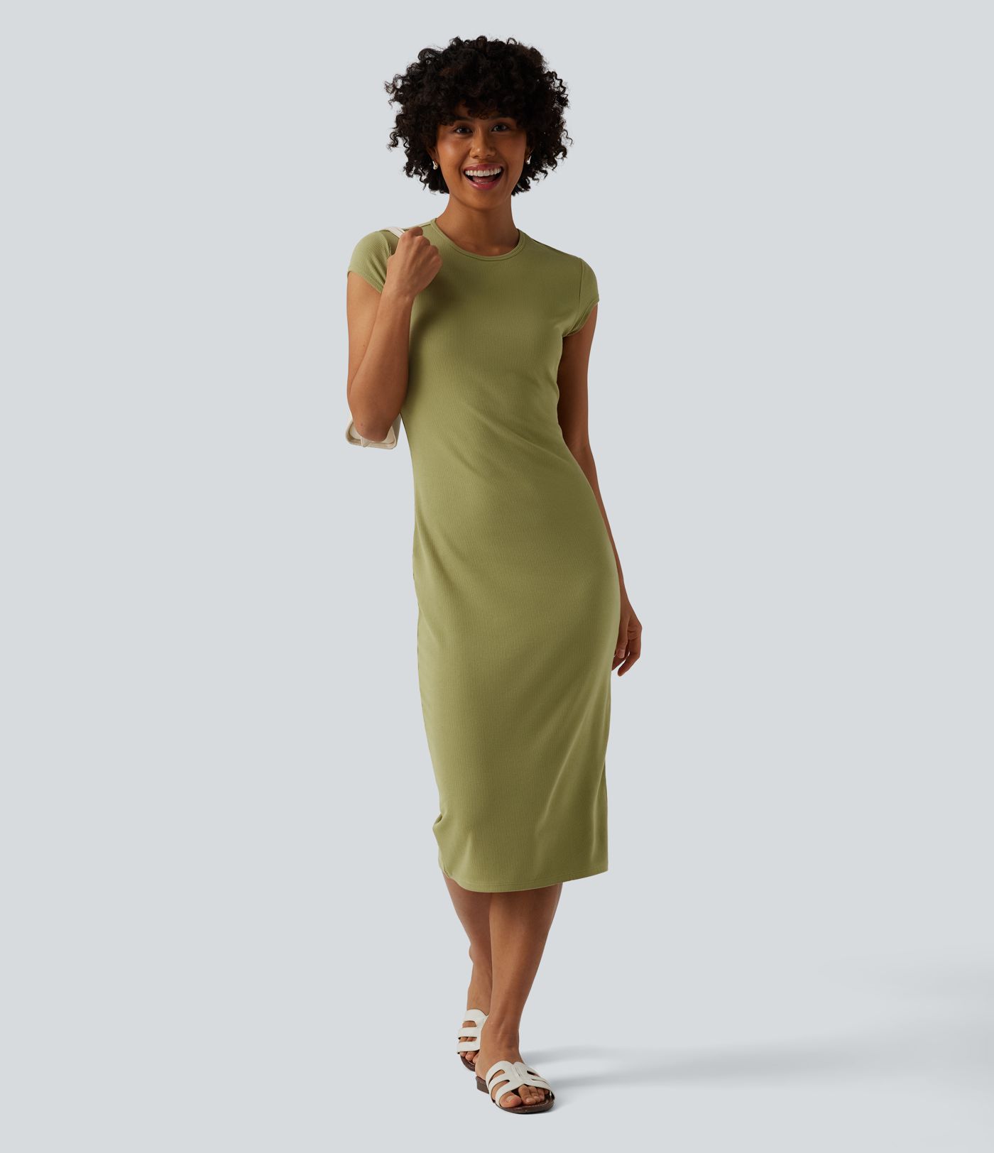 Ribbed Knit Round Neck Cap Sleeve Bodycon Midi Casual Dress