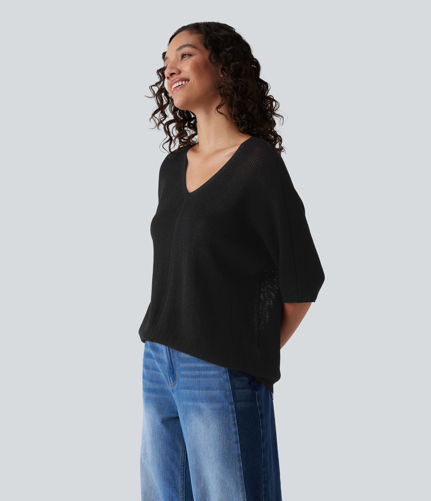 Pull décontracté col V à manches mi-longues