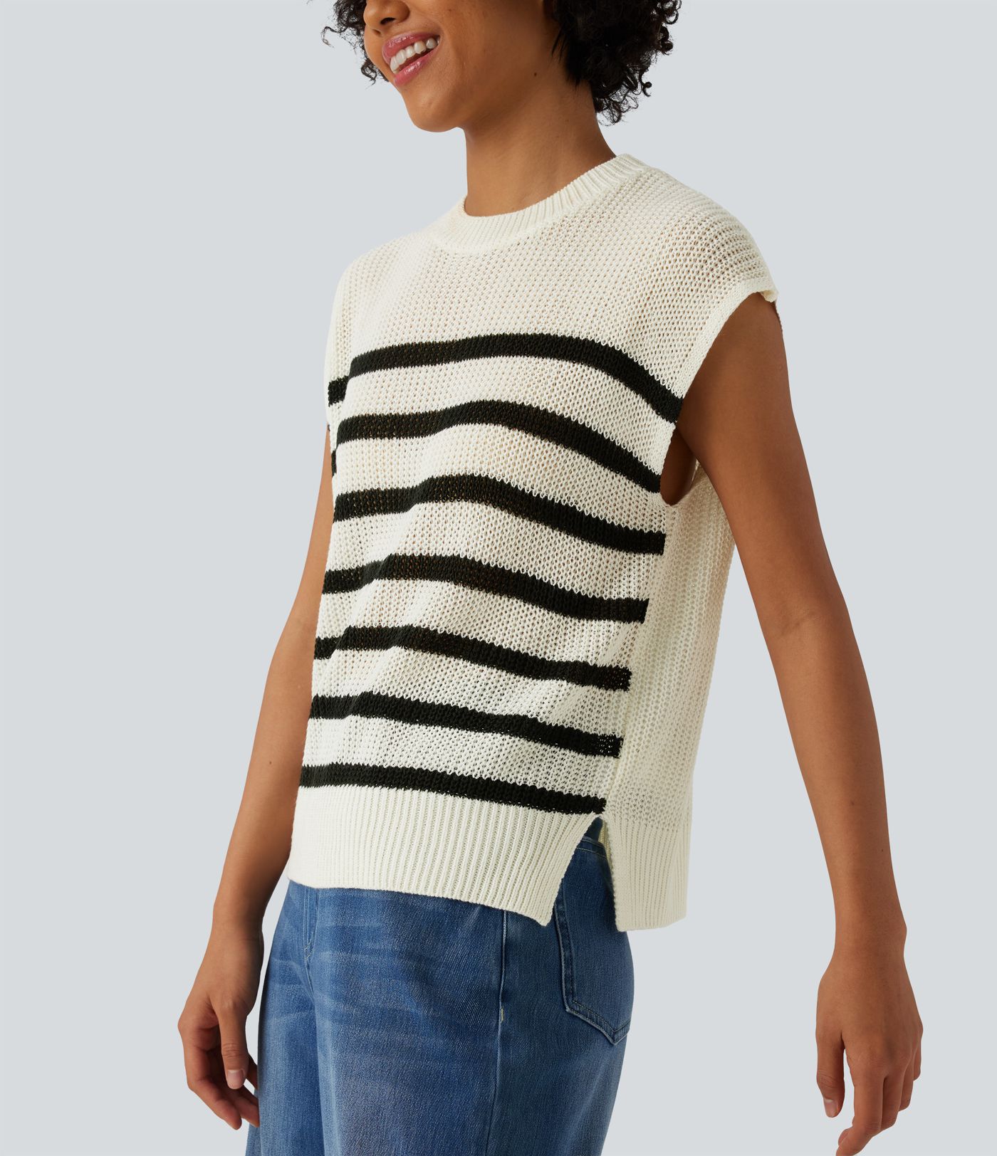 Lässige Strickweste mit Rundhalsausschnitt, Streifen, Farbblock und geschlitztem Saum