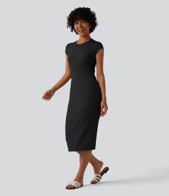 Robe midi moulante en maille imprimée, col rond et manches casquette, style décontracté