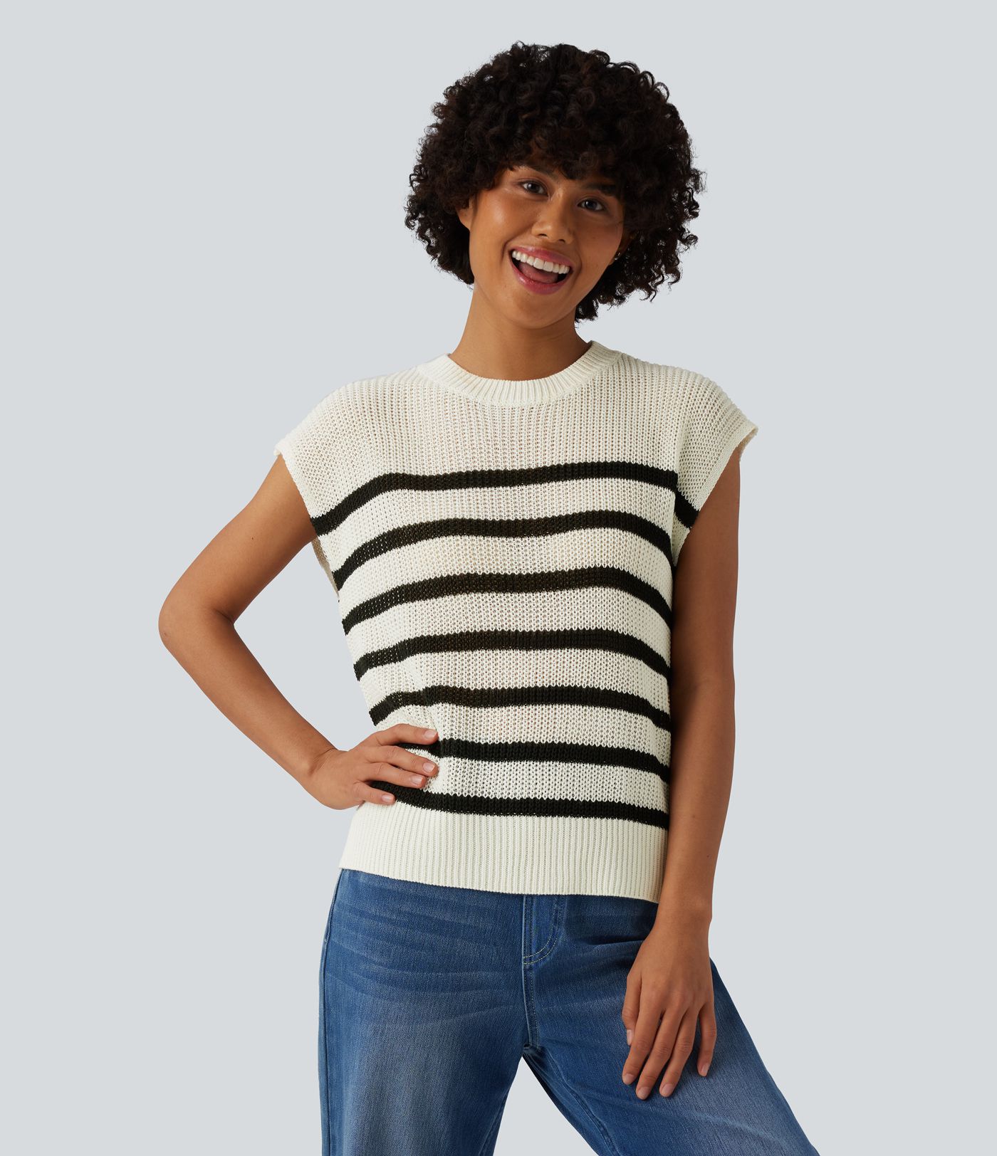 Lässige Strickweste mit Rundhalsausschnitt, Streifen, Farbblock und geschlitztem Saum