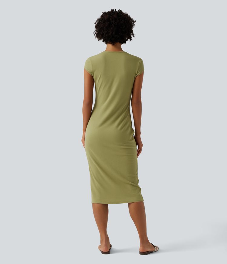 Ribbed Knit Round Neck Cap Sleeve Bodycon Midi Casual Dress